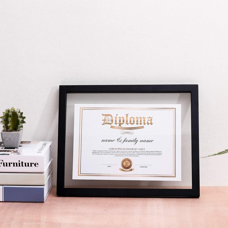 UMICAL 2 Pack - 11x14 Float Document Frame with Double Sided HD Plexiglass for Floating Display of 8.5x11 Document, Certificate, Image or Artwork, Wood Diploma Frame Decor of Wall Mounting, Black - Image 2